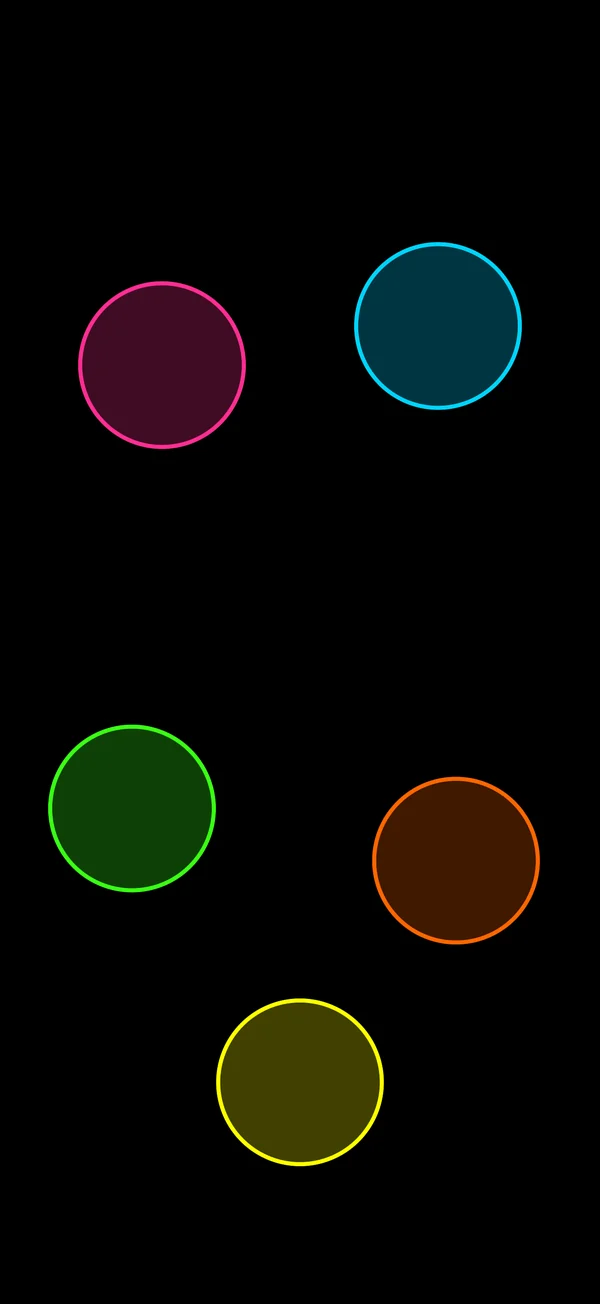 Five fingers on the screen, each in its own circle and color